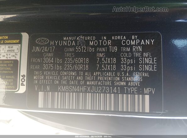 KM8SN4HFXJU273141 2018 HYUNDAI SANTA FE Blue Widok komory silnika