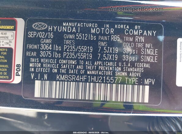 KM8SR4HF1HU215577 2017 HYUNDAI SANTA FE Black Շարժիչի բաժամունքի տեսք