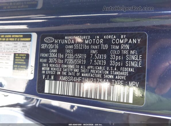 KM8SR4HF1HU217541 2017 HYUNDAI SANTA FE Blue ძრავის განყოფილების ხედი
