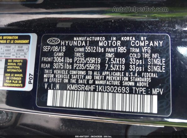 KM8SR4HF1KU302693 2019 HYUNDAI SANTA FE XL Black Engine compartment view