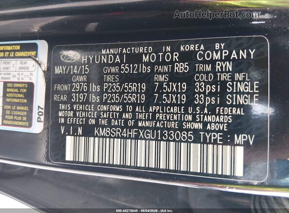 KM8SR4HFXGU133085 2016 HYUNDAI SANTA FE Black Vista del compartimento del motor