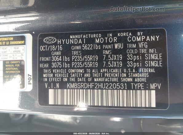 KM8SRDHF2HU220531 2017 HYUNDAI SANTA FE Серый Вид подкапотного пространства