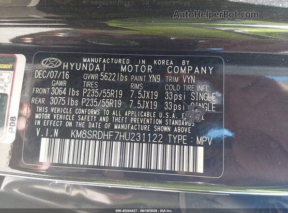KM8SRDHF7HU231122 2017 HYUNDAI SANTA FE Коричневый Вид подкапотного пространства