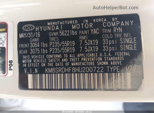 KM8SRDHF8HU200722 2017 HYUNDAI SANTA FE Белый Вид подкапотного пространства