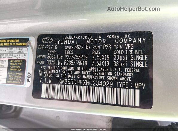 KM8SRDHFXHU234029 2017 HYUNDAI SANTA FE Silver Շարժիչի բաժամունքի տեսք