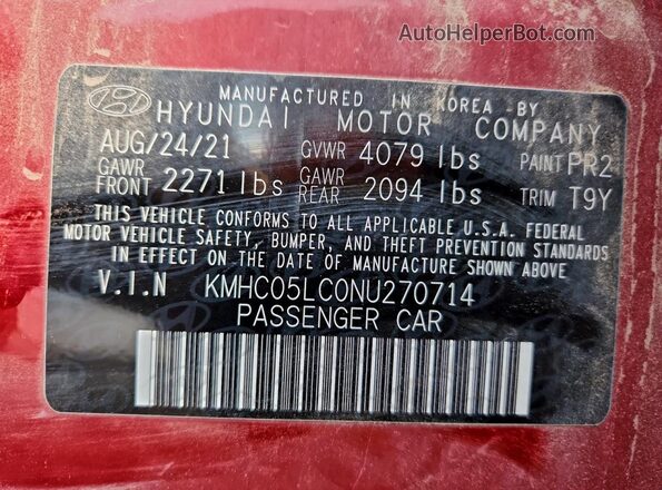 KMHC05LC0NU270714 2022 HYUNDAI IONIQ Red Vista de la etiqueta del VIN