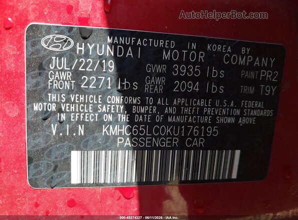 KMHC65LC0KU176195 2019 HYUNDAI IONIQ HYBRID Red 