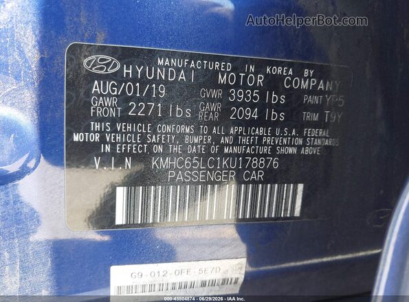 KMHC65LC1KU178876 2019 HYUNDAI IONIQ HYBRID Blue Widok komory silnika