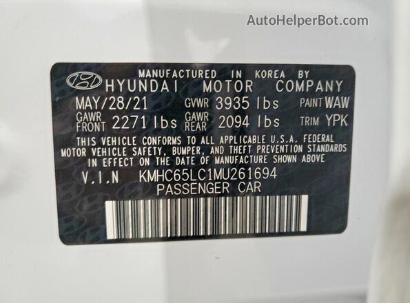 KMHC65LC1MU261694 2021 HYUNDAI IONIQ Белый Вид наклейки с VIN-кодом