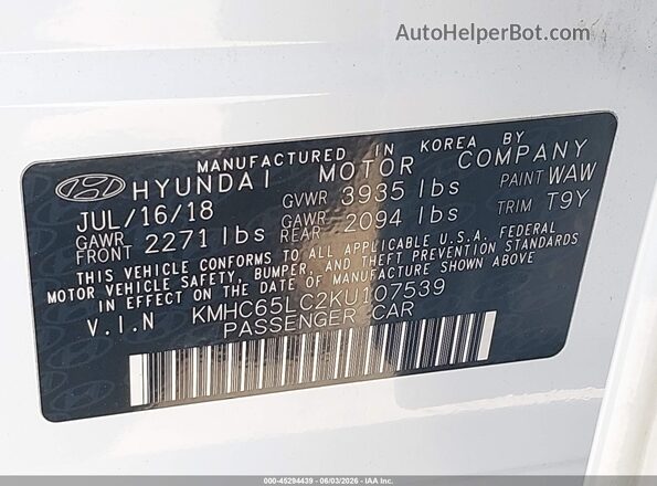 KMHC65LC2KU107539 2019 HYUNDAI IONIQ HYBRID White Вид підкапотного простору