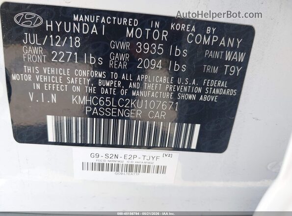 KMHC65LC2KU107671 2019 HYUNDAI IONIQ HYBRID White 
