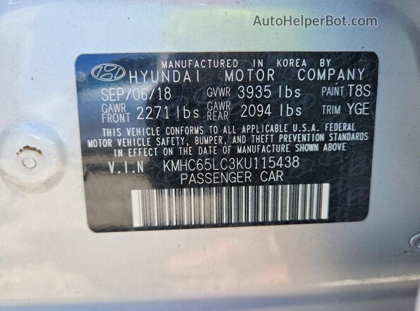 KMHC65LC3KU115438 2019 HYUNDAI IONIQ Silver VIN კოდის სტიკერის ხედი