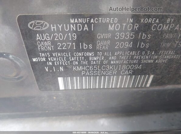 KMHC65LC3KU180094 2019 HYUNDAI IONIQ HYBRID Gray Вид підкапотного простору