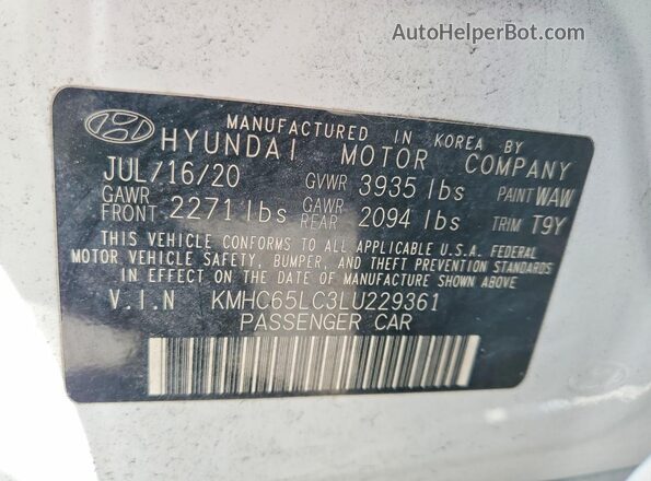 KMHC65LC3LU229361 2020 HYUNDAI IONIQ Белый Вид наклейки с VIN-кодом