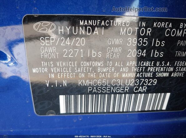 KMHC65LC3LU237329 2020 HYUNDAI IONIQ HYBRID Blue Շարժիչի բաժամունքի տեսք
