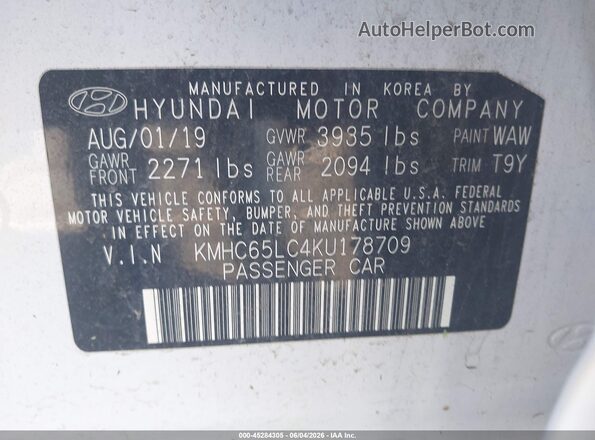 KMHC65LC4KU178709 2019 HYUNDAI IONIQ HYBRID White Շարժիչի բաժամունքի տեսք