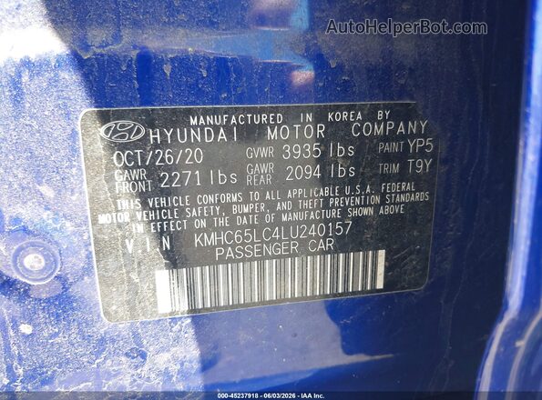 KMHC65LC4LU240157 2020 HYUNDAI IONIQ HYBRID Blue Vista del compartimento del motor