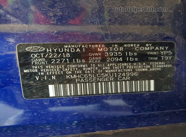 KMHC65LC5KU124996 2019 HYUNDAI IONIQ Blue 