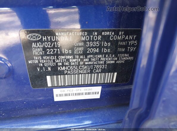 KMHC65LC5KU178931 2019 HYUNDAI IONIQ HYBRID Blue Vista del compartimento del motor