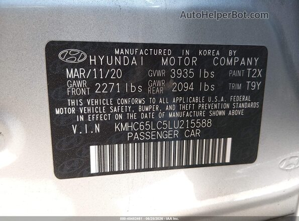KMHC65LC5LU215588 2020 HYUNDAI IONIQ HYBRID Silver ძრავის განყოფილების ხედი