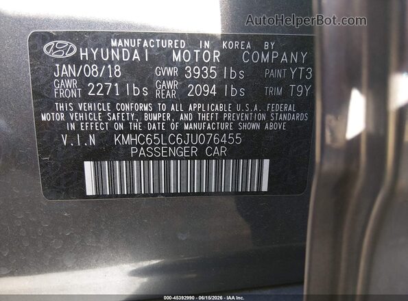 KMHC65LC6JU076455 2018 HYUNDAI IONIQ HYBRID Gray Vista del compartimento del motor