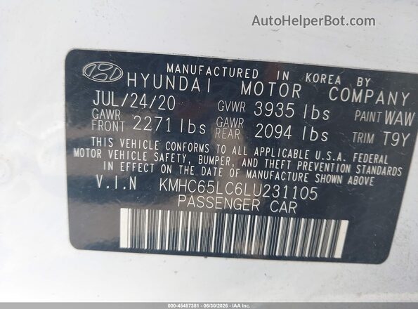 KMHC65LC6LU231105 2020 HYUNDAI IONIQ HYBRID White ძრავის განყოფილების ხედი