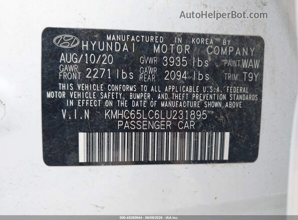 KMHC65LC6LU231895 2020 HYUNDAI IONIQ HYBRID White Вид підкапотного простору