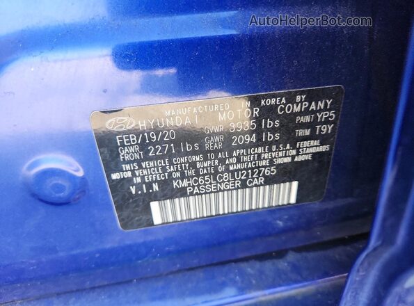 KMHC65LC8LU212765 2020 HYUNDAI IONIQ Blue VIN sticker view