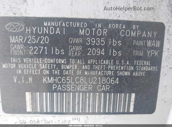 KMHC65LC8LU218064 2020 HYUNDAI IONIQ HYBRID White ძრავის განყოფილების ხედი