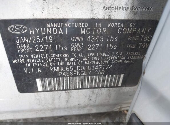KMHC65LD0KU147174 2019 HYUNDAI IONIQ PLUG-IN HYBRID Silver Вид підкапотного простору