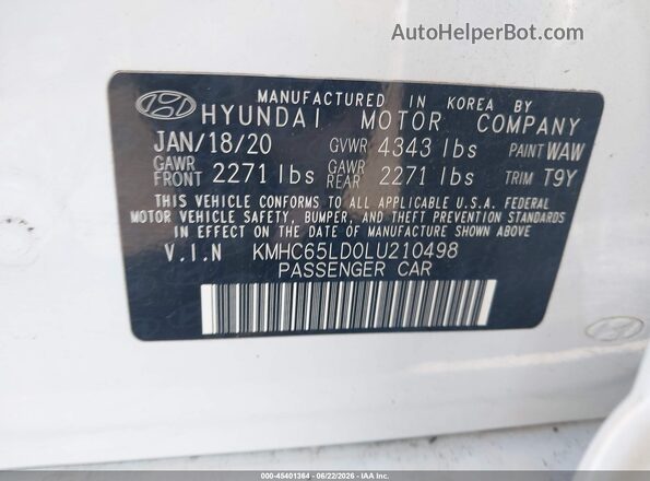 KMHC65LD0LU210498 2020 HYUNDAI IONIQ PLUG-IN HYBRID White Շարժիչի բաժամունքի տեսք