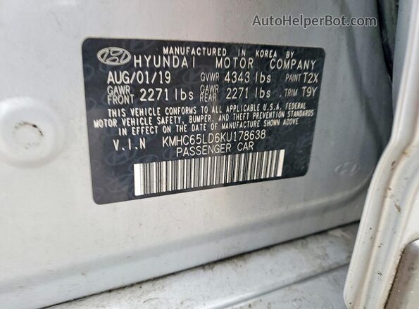 KMHC65LD6KU178638 2019 HYUNDAI IONIQ Серебряный Вид наклейки с VIN-кодом