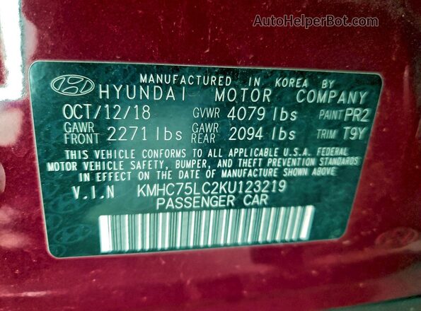 KMHC75LC2KU123219 2019 HYUNDAI IONIQ Red Widok naklejki z numerem VIN