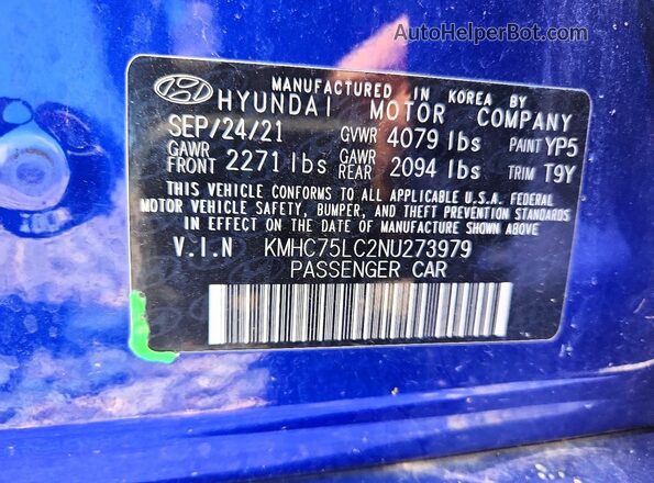 KMHC75LC2NU273979 2022 HYUNDAI IONIQ Blue Вид підкапотного простору