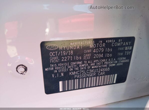 KMHC75LC3KU124668 2019 HYUNDAI IONIQ HYBRID White Engine compartment view