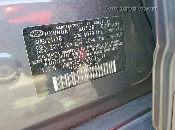 KMHC75LC4KU112111 2019 HYUNDAI IONIQ Charcoal 