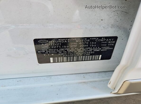 KMHC75LC4NU269495 2022 HYUNDAI IONIQ Белый Вид наклейки с VIN-кодом