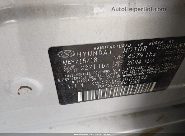KMHC75LC5JU103142 2018 HYUNDAI IONIQ HYBRID Silver Вид підкапотного простору
