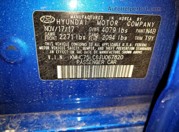 KMHC75LC6JU067820 2018 HYUNDAI IONIQ Blue VIN կոդի պիտակի տեսք