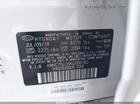KMHC75LC6KU106763 2019 HYUNDAI IONIQ HYBRID White ძრავის განყოფილების ხედი