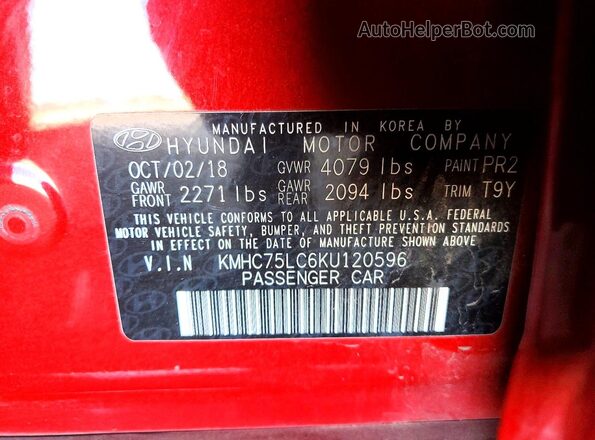 KMHC75LC6KU120596 2019 HYUNDAI IONIQ Бордовый 