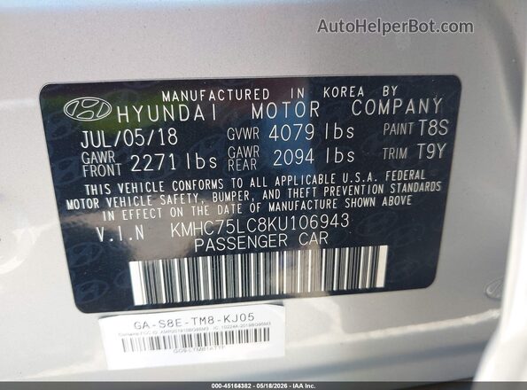 KMHC75LC8KU106943 2019 HYUNDAI IONIQ HYBRID Silver Շարժիչի բաժամունքի տեսք