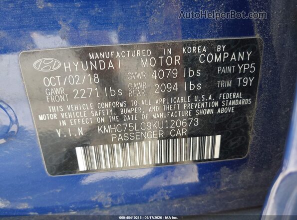 KMHC75LC9KU120673 2019 HYUNDAI IONIQ HYBRID Синий Вид подкапотного пространства