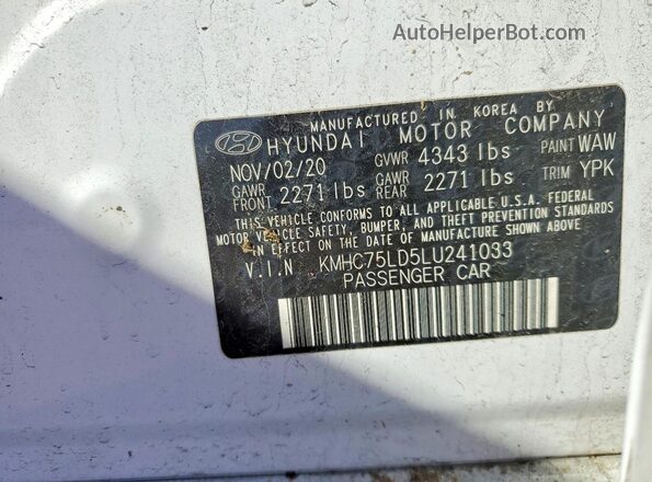 KMHC75LD5LU241033 2020 HYUNDAI IONIQ White VIN კოდის სტიკერის ხედი