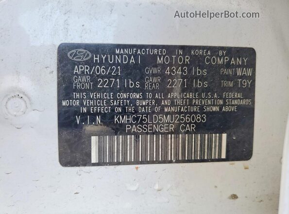 KMHC75LD5MU256083 2021 HYUNDAI IONIQ White Widok naklejki z numerem VIN