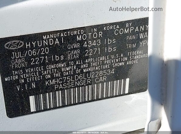 KMHC75LD6LU228534 2020 HYUNDAI IONIQ PLUG-IN HYBRID White Вид підкапотного простору