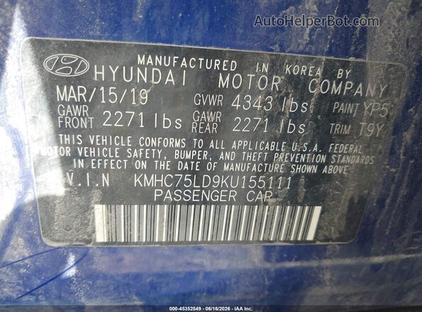 KMHC75LD9KU155111 2019 HYUNDAI IONIQ PLUG-IN HYBRID Blue 