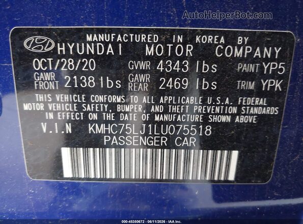 KMHC75LJ1LU075518 2020 HYUNDAI IONIQ ELECTRIC Blue Engine compartment view