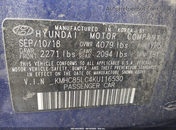 KMHC85LC4KU116530 2019 HYUNDAI IONIQ HYBRID Blue Շարժիչի բաժամունքի տեսք