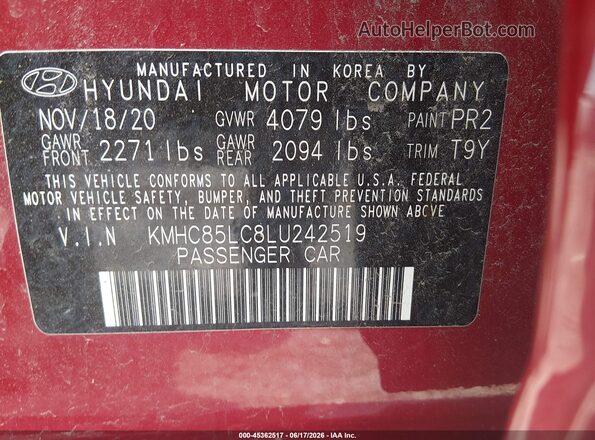 KMHC85LC8LU242519 2020 HYUNDAI IONIQ HYBRID Red Widok komory silnika